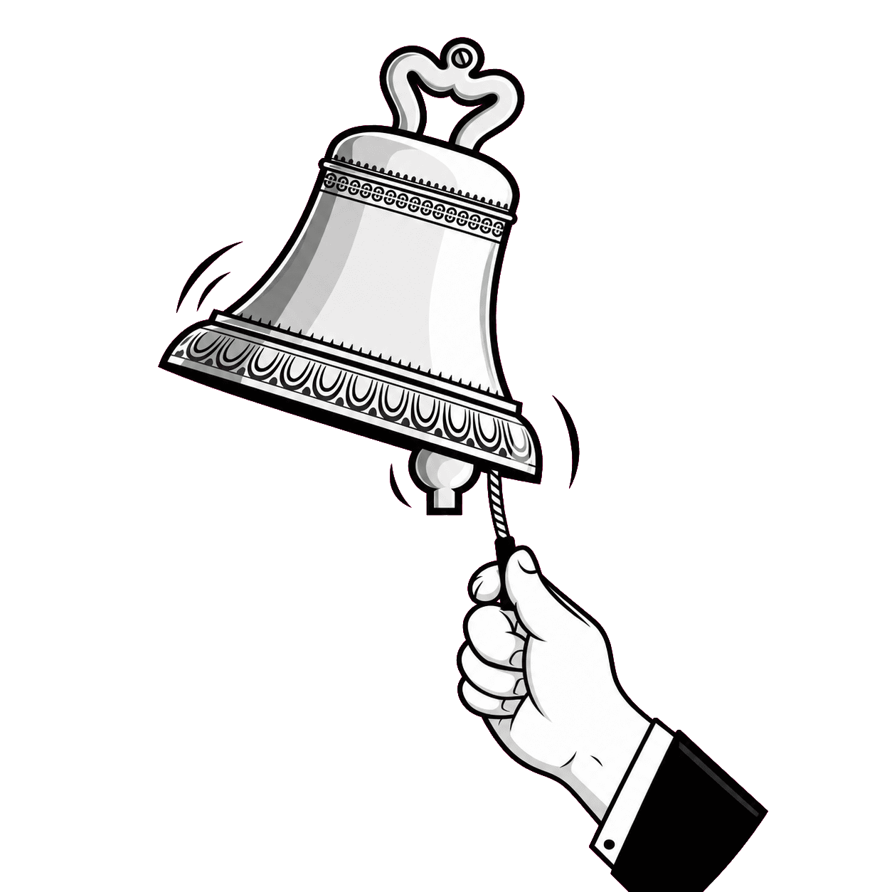 BellNode bell: a black-and-white illustrated bell rung by a hand
